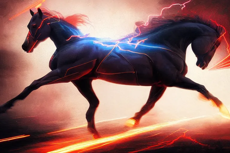 Prompt: a stunning digital painting of a horse as the flash in costume running in the speedforce by greg rutkowski, volumetric light, digital art, fine detail, photorealistic