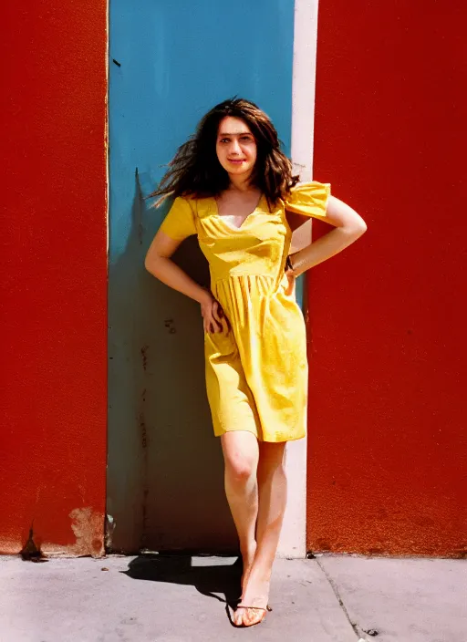 Image similar to portrait of a beautiful brown hair woman in a yellow sun dress in downtown Los Angelas, 50mm lens, Kodak Portra 400 film