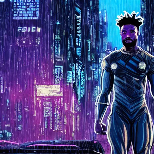 Prompt: high detailed kilmonger from black panther in a cyberpunk rainy city at night by eliran kantor, michael b jordan, hand drawn, illustration, purple and blue neons, unreal engine, high quality, 4 k, uhd, trending on artstation, wires, blade runner vibes, ghost in the shell, akira, dorohedoro