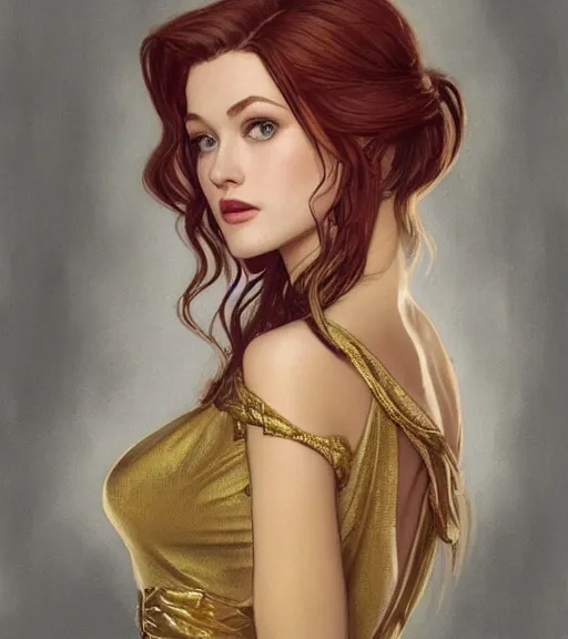 Image similar to katherine mcnamara wearing a golden dress, grey hair, red necktie, cinematic, stunning, highly detailed, digital painting, artstation, smooth, hard focus, full body shot, illustration, art by artgerm and greg rutkowski and alphonse mucha