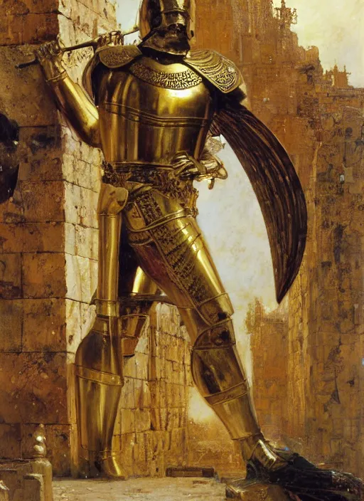 Image similar to a portrait of huge godlike achilles dressed in golden armour standing at the walls of troy, by john berkey and lawrence alma tadema and rick berry and norman rockwel