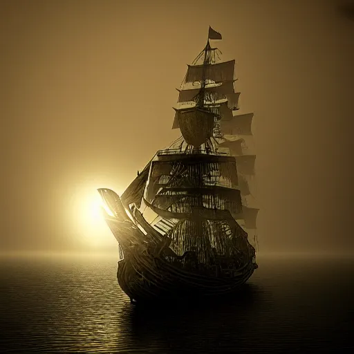 Image similar to an ornate pirate ship sailing out of thick fog on a moonlit night, 4 k, ultra realistic photo