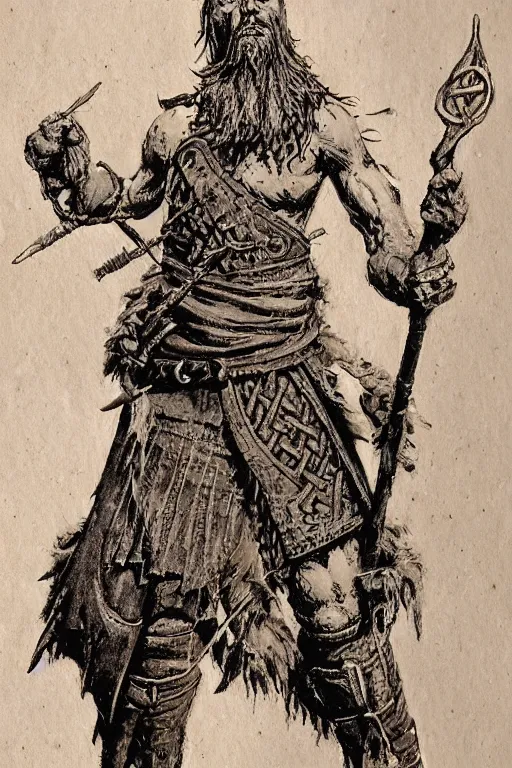 Prompt: full body character design reference art of Eoghaill of the Murine Hordes, a La Tene Culture Celtic chieftain and warrior, resplendent and proud of bearing. high quality, high detail, realistic painting, in the style of: Angus McBride, Rebecca Guay, and Michael William Kaluta. photorealistic light.