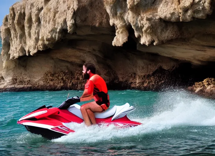 Prompt: angry fat lifeguard with a beard on jet ski yelling at people on the rocks at the thousand steps sea cave in laguna beach 2 0 1 3 summer