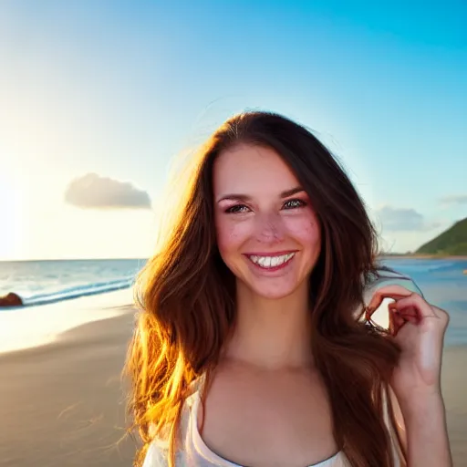 Image similar to A cute and beautiful young woman with long shiny bronze brown hair and green eyes, cute freckles, smug smile, golden hour, beach background, medium shot, mid-shot,