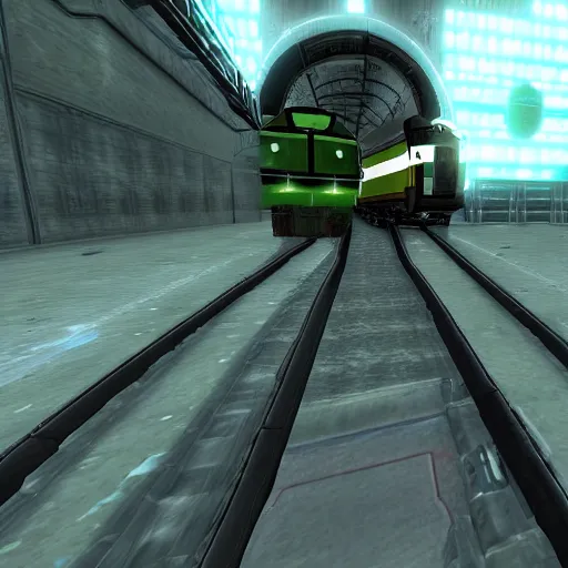 Prompt: half - life g - man ending screenshot, train, space, green