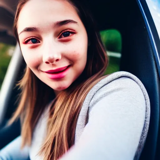 Image similar to a beautiful cute young woman takes a photo of herself, sitting in her car, flushed face, red blush, light freckles, big puffy lips, smiling softly, soft features, 8 k, sharp focus, instagram, portra 4 0 0