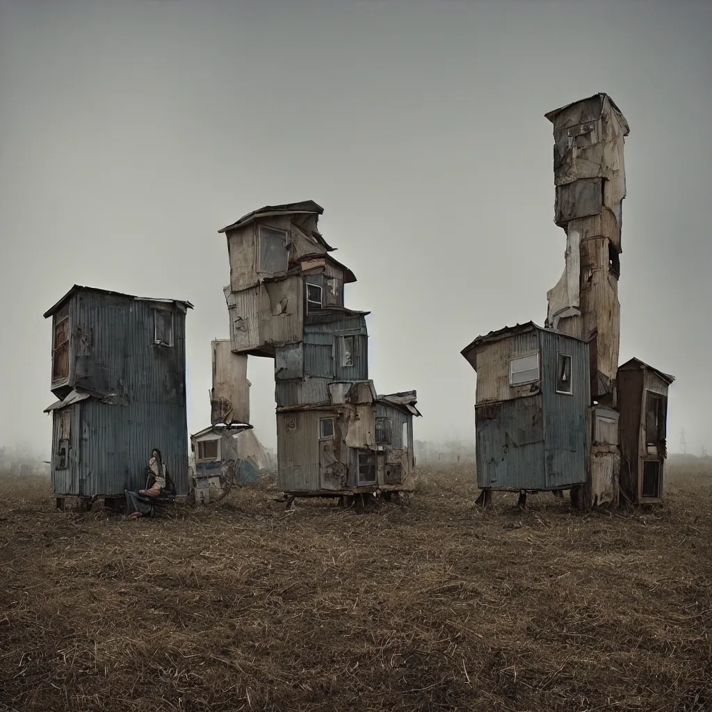 Image similar to two towers, made up of makeshift squatter shacks with faded colours, apocalyptic sky, uneven fog, dystopia, mamiya rb 6 7, fully frontal view, ultra sharp, very detailed, photographed by julie blackmon