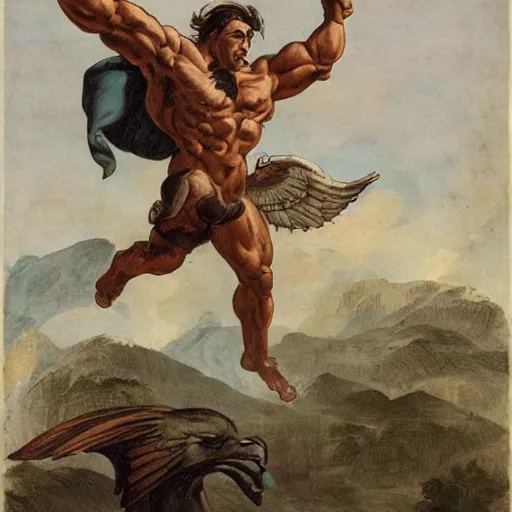 Prompt: a muscular heroic man riding a giant eagle