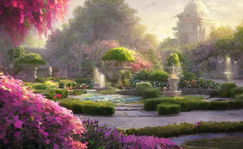 Image similar to Beautiful garden, next to a fountain and a mystical palace. By William-Adolphe Bouguerea, Jordan grimmer, fractal flame. Highly_detailded