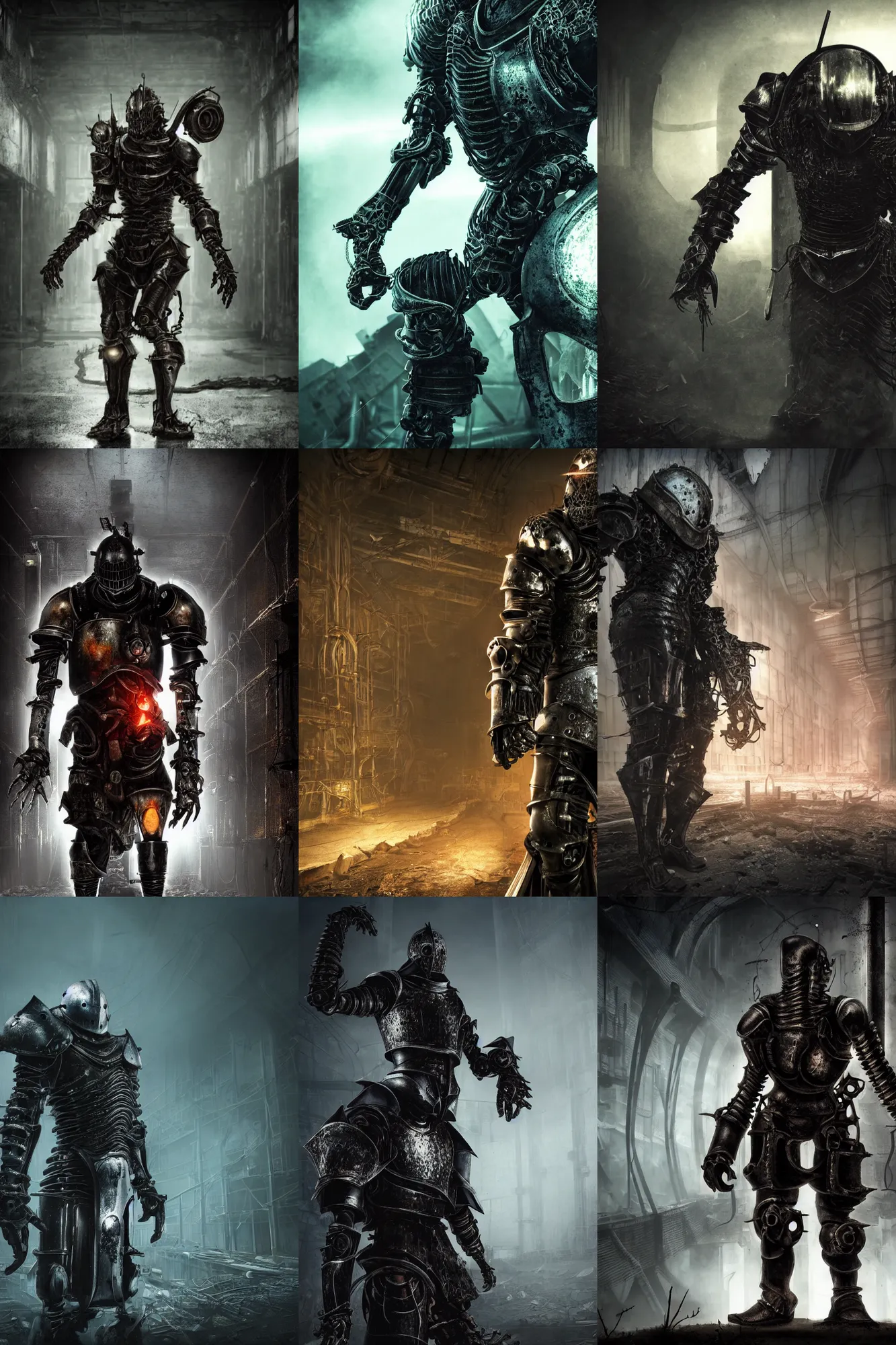 Prompt: Biomechanical Arthurian Knight standing in an abandoned electrical plant, Elden Ring, Dark Souls, rubber undersuit, moody colors, 4k, glowing eyes in helmet, industrial environment, horror movie cinematography, electrical plant location, ultra realistic