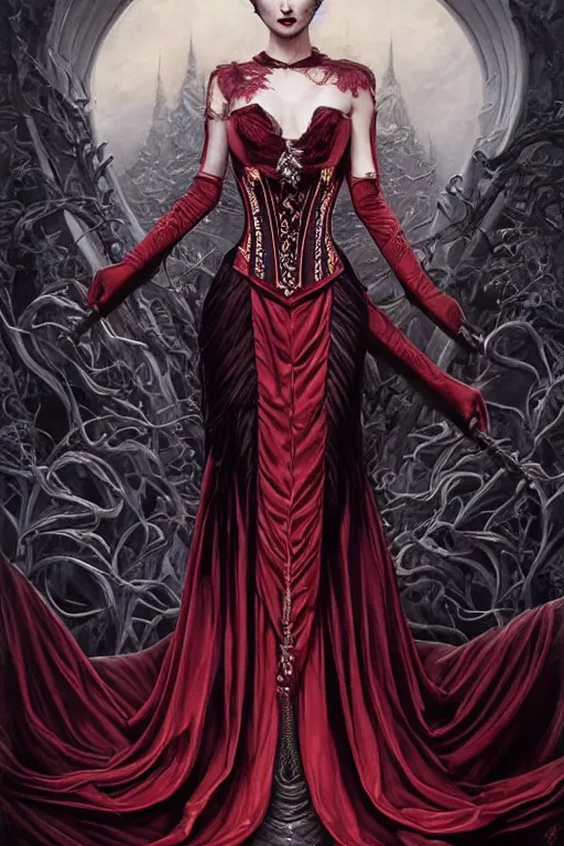 Prompt: beautiful oil painting with high detail of a beautiful vampiric countess, in the style of Midjourney, elegant and intricate stylized design of royal dress with corset, ethereal, sinister, cinematic and art direction by Drew Struzan ;by artgerm; James Jean, Noah Bradley, Darius Zawadzki, Zdizslaw Beksinski, Wayne Reynolds art station; cinematic quality character render; vivid and vibrant; low angle; ultra high quality model; production quality cinema model;