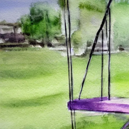 Prompt: watercolor. a swing set with a child enjoying themselves. blurry. visible brushstrokes.