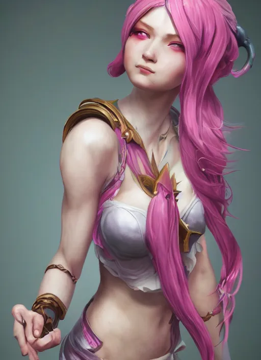 Image similar to joyful seraphine, from league of legends, pink hair, studio microphone, new musical instruments, au naturel, hyper detailed, digital art, trending in artstation, cinematic lighting, studio quality, smooth render, unreal engine 5 rendered, octane rendered, art style by klimt and nixeu and ian sprigger and wlop and krenz cushart