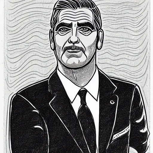 Image similar to a portrait drawing of George Clooney drawn by Robert Crumb
