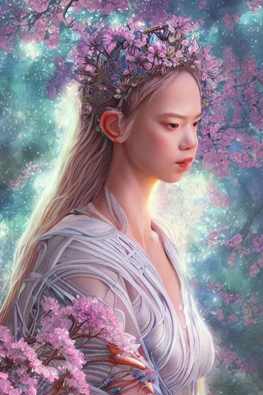 Image similar to portrait of Lalisa Manobal as a Celestial Goddess of a futuristic princess, inside future fighter, sci-fi, fantasy, intricate, lush garden spaceship with sakura season flowers, elegant, human anatomy, royal green and nature light, highly detailed, digital painting, artstation, concept art, smooth, sharp focus, illustration, art by tian zi and WLOP and alphonse mucha