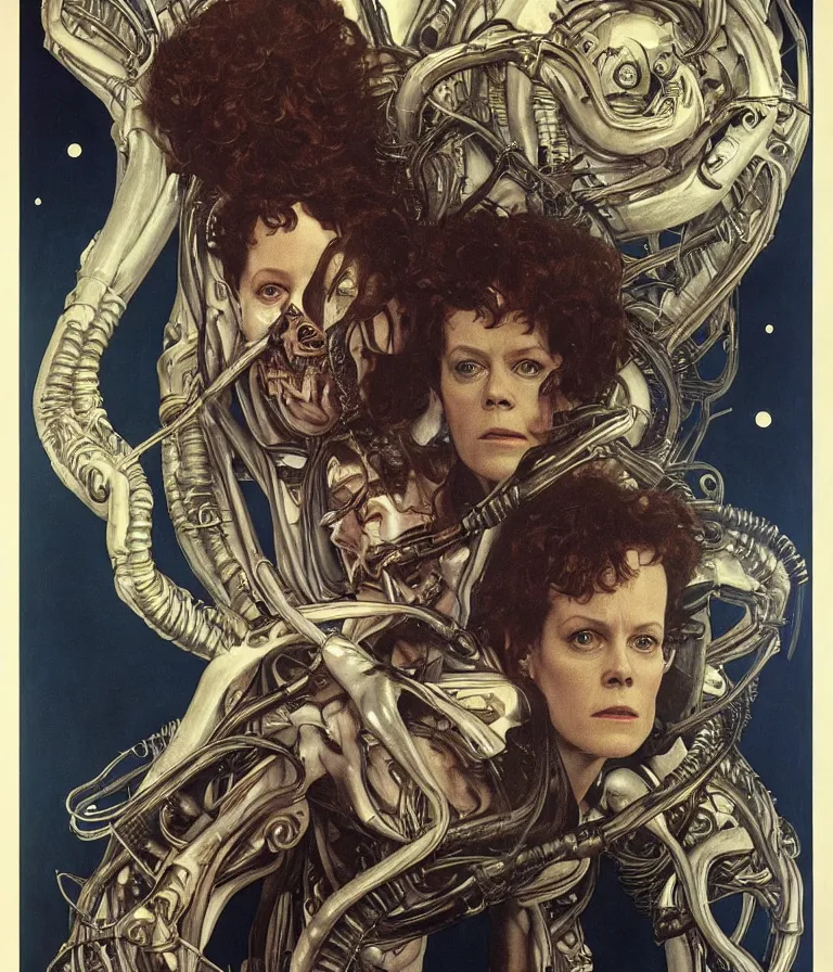 Prompt: Beautiful Horror Movie Poster made for the film Alien (1979) starring Sigourney Weaver and a xenomorph, oil painting by Alphonse Mucha and H R Giger and Gustav Klimt, trending on artstation dramatic lighting hyperrealism 8k