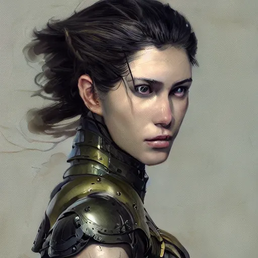 Image similar to tattoo design, a professional painting of a beautiful young female, partially clothed in battle armor, olive skin, long dark hair, beautiful bone structure, symmetrical facial features, intricate, elegant, digital painting, concept art, smooth, sharp focus, illustration, from Metal Gear, by Ruan Jia and Mandy Jurgens and Greg Rutkowski and Artgerm and William-Adolphe Bouguerea and artgerm, cat girl, anime