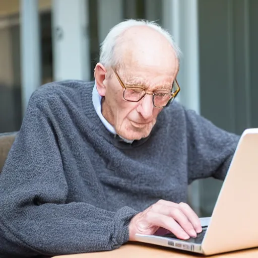 Image similar to elderly man in a coffin browsing internet on laptop