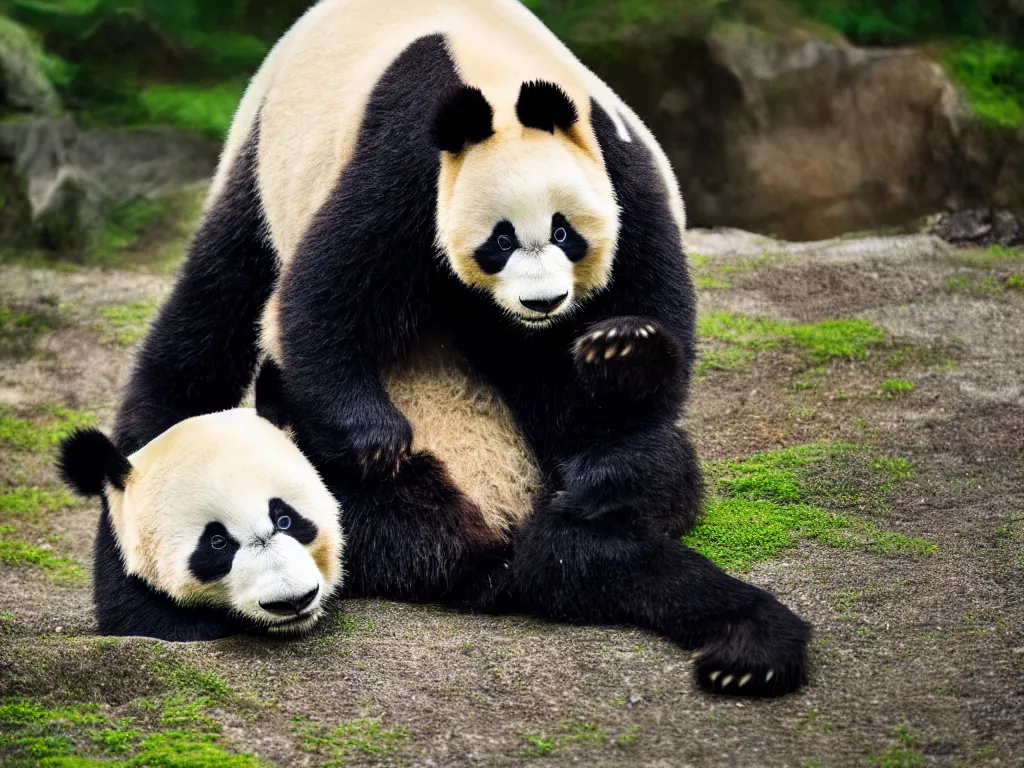 Image similar to panda in japan park, hyperrealistic, photography, highly detailed, 8 5 mm, f / 1. 3, foggy, dramatic lighting, 4 k, beautiful