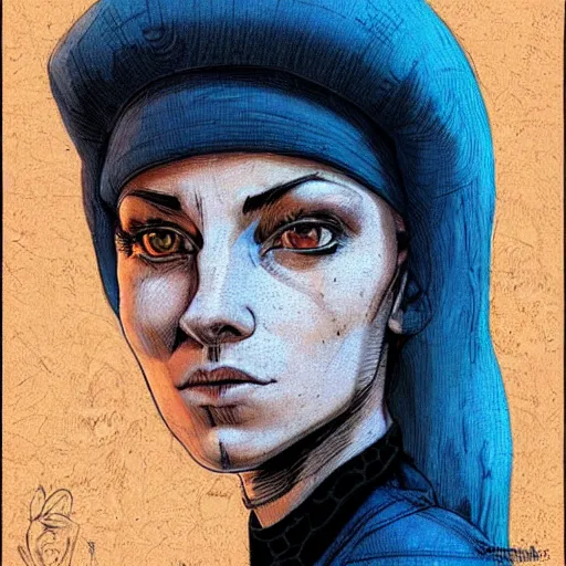 Prompt: intricate portrait, pure skin, 1 mm short blue hair, in the style of enki bilal!