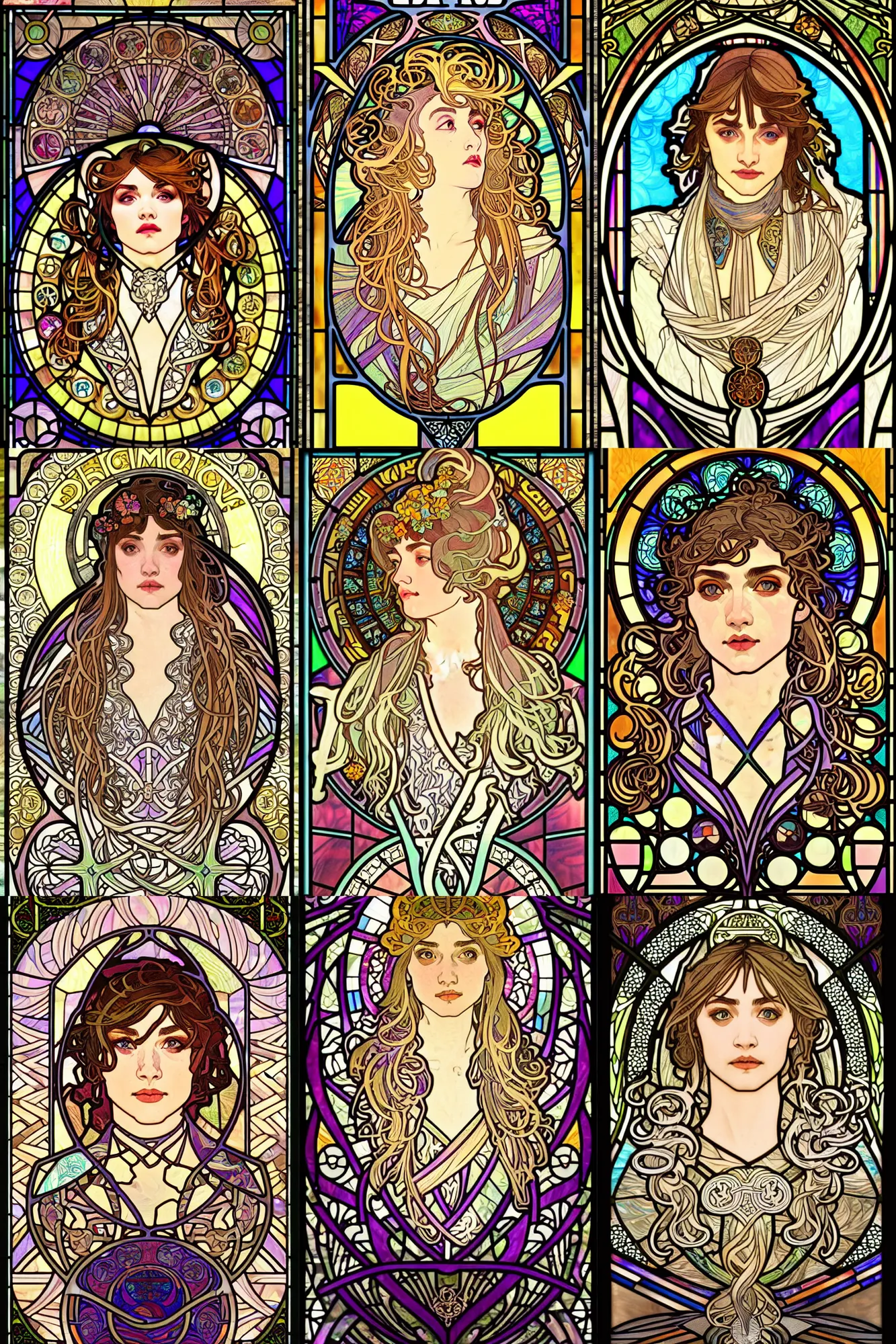 Prompt: bust portrait stained glass artwork, imogen poots paladin, by alphonse mucha. art nouveau neo - gothic stained glass by mucha. dota. swirly intricate glass linework background. gaudy colors, sharp edges. ultra clear detailed. 8 k. elegant. octane render