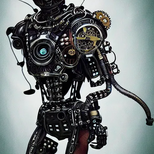 Image similar to a steampunk robotic human, dark background, super - detailed, photo - realistic, anime,