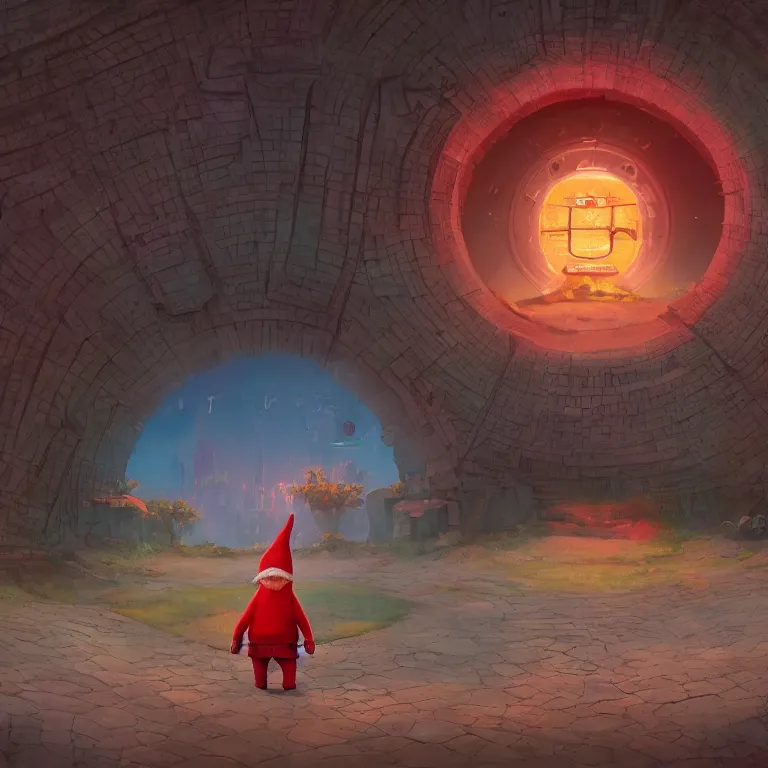 Prompt: a gnome standing in front of a circular portal, open to a red world. Detailed digital matte painting in the style of simon stalenhag