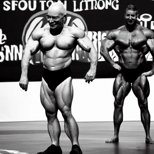 Prompt: a picture of patrick stewart and john delancey in a body building competition, viewed from far away, lifting weights, sharp focus, vector, 4 k