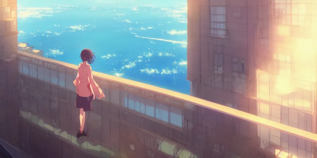 Prompt: beautiful anime painting of a woman looking out of the balcony of her apartment to the coast below, daytime, by makoto shinkai, kimi no na wa, artstation, atmospheric.