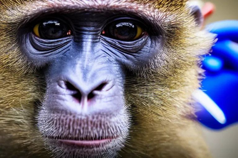 Image similar to photograph of a monkey holding a blue pen towards the camera, 4 k, full hd, highly detailed, close up