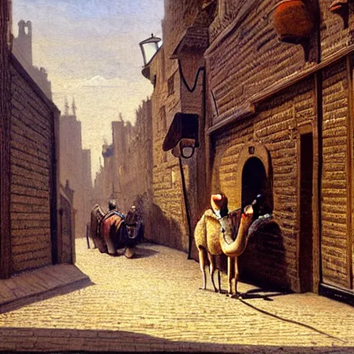 Prompt: London, A painting of a mouse Riding a camel through a narrow street in london, (1885)