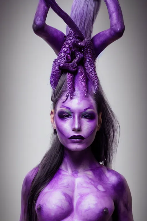 Image similar to purple - skinned alien girl with tentacle hair, cosplay, photo shoot, body paint, beautiful symmetric face, studio lighting