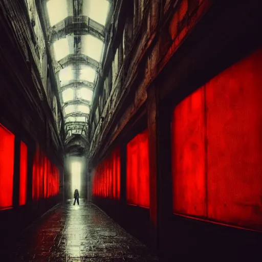 Prompt: two shadowed men, in a massive scale shot darkness interior, huge maze, gothic, red light, venice, moody, dreary, gritty, cinematic, realism, liminal space alley future brutalism concrete, blade runner cyberpunk, sulphur haze