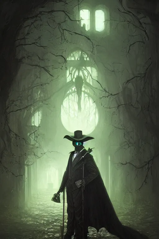 Image similar to A fancy portrait of a green plague doctor by Greg Rutkowski, Dan Mumford, Christophe Vacher, Bloodborne, 4k photorealistic, volumetric lighting, HD, high details, dramatic, beautiful flowing fabric, dark atmosphere, trending on artstation