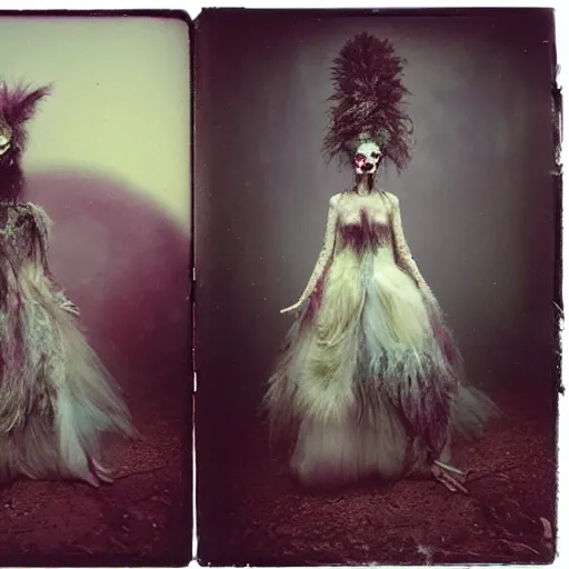 Image similar to damaged kodak portra 4 0 0, wetplate, photo of a surreal artsy dream scene,, very beautiful model, weird fashion, grotesque, extravagant dress, strange pose, carneval, with an animal, wtf, photographed by paolo roversi style