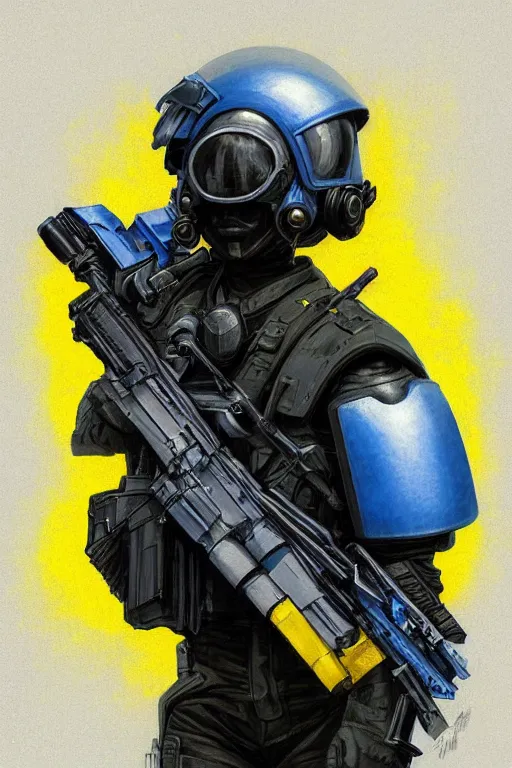 Prompt: a swat unit modern technology, blue and yellow shoulder patch, realistic portrait full body, symmetrical, highly detailed, digital painting, artstation, concept art, smooth, sharp focus, illustration, cinematic lighting, art by artgerm and greg rutkowski and alphonse mucha