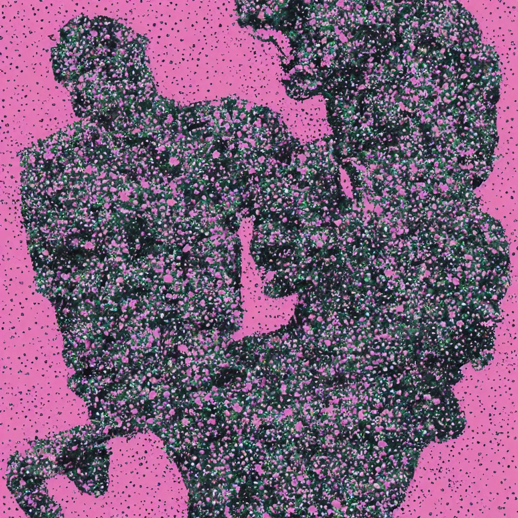 Image similar to camo made of out teeth, smiling, abstract, maya bloch artwork, pink convertible, do hoang tuong artwork, cryptic, dots, stipple, lines, splotch, concrete, color tearing, pitch bending, faceless people, tribal, dark, ominous, eerie, minimal, points, technical, painting