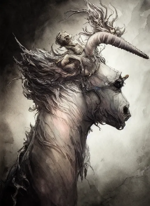 Prompt: portrait, a Baby zombie Unicorn, watercolor, dramatic lighting, cinematic, establishing shot, extremely high detail, foto realistic, cinematic lighting, pen and ink, intricate line drawings, by Yoshitaka Amano, Ruan Jia, Kentaro Miura, Artgerm, post processed, concept art, artstation, matte painting, style by eddie mendoza, raphael lacoste, alex ross