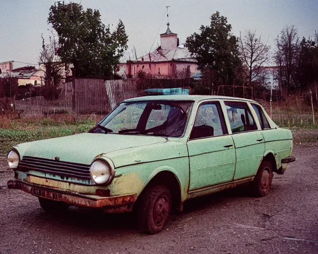 Image similar to a lomographic photo of old lada 2 1 0 7 standing in typical soviet yard in small town, hrushevka on background, cinestill, bokeh