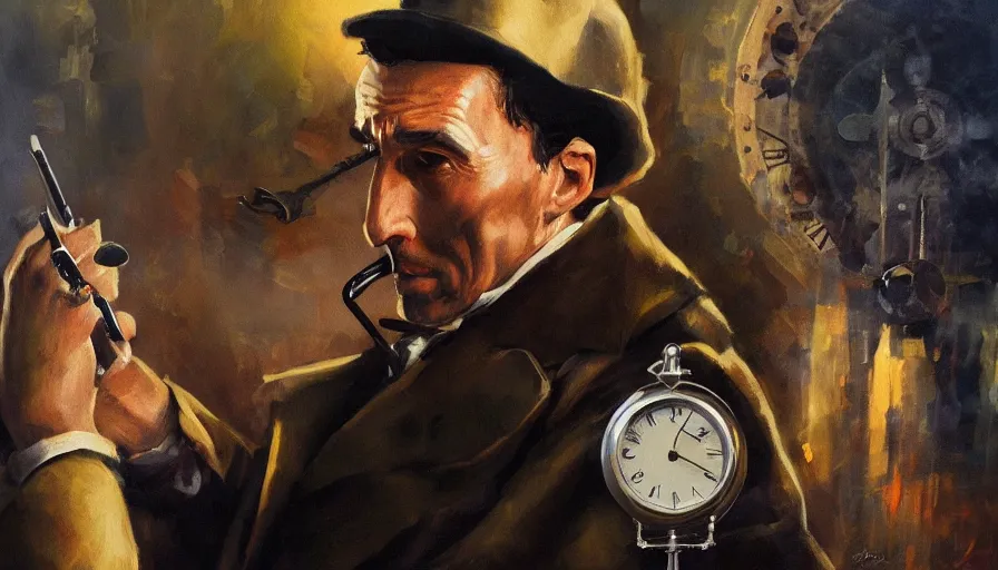 Image similar to sherlock holmes, time, clock, oil painting by jama jurabaev, brush hard, artstation, for aaa game, high quality, brush stroke