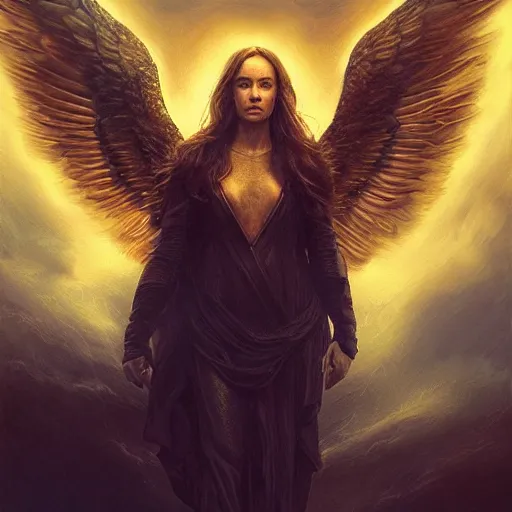 Image similar to majestic gracious archangel michael portrait, atmospheric lighting, painted, menacing, intricate, volumetric lighting, beautiful, rich deep colours masterpiece, golden hour, sharp focus, ultra detailed, by leesha hannigan, ross tran, thierry doizon, kai carpenter, ignacio fernandez rios