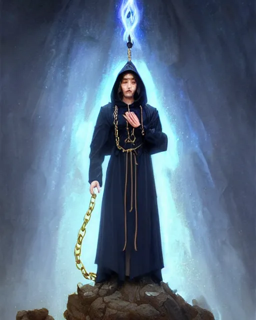 Prompt: handsome mage meditating holding a tellurion! on a chain, long black hair blue eyes wearing leather mantle gothic navy cloak with gold details, cliffside town, fantasy character portrait, hyperrealism, concept art, intricate details, highly detailed by greg rutkowski, ilya kuvshinov, gaston bussiere, craig mullins, simon bisley