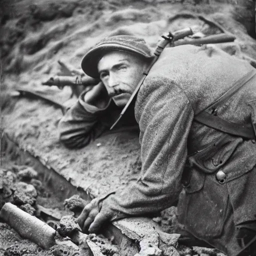 Prompt: ww1 soldier peering out of a trench, black and white photograph
