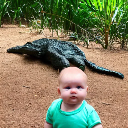 Image similar to baby in the alligator enclosure