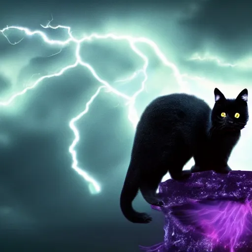 Image similar to a photo of black fluffy cat, riding on top of a big purple dragon in an electrical storm, ultrarealistic, highly detailed, 4 k