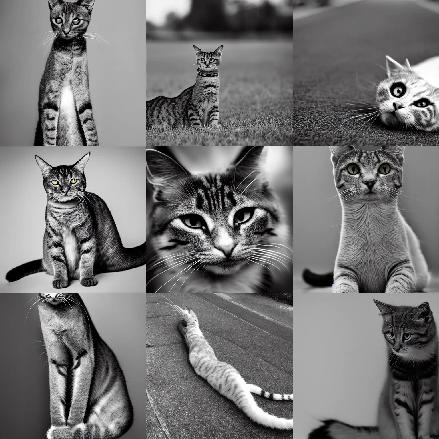 Prompt: a very long cat, cute, greyscale, portrait photography