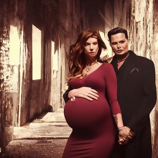 Image similar to stunning awe inspiring johnny depp pregnant maternity photo, movie still 8 k hdr atmospheric lighting