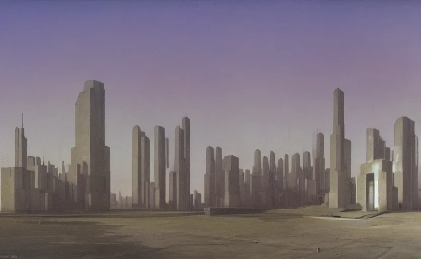 Prompt: A wide angle exterior shot of a mysterious futuristic brutalist soviet city by George Stubbs zdzisław beksiński, colorfull, vibrant color, UHD 8k