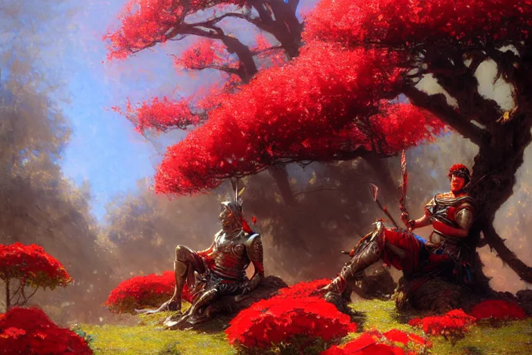 Image similar to winter, a tired male warrior wearing armor relaxing under a huge tree with red flowers, long shot, fantasy, painting by gaston bussiere, craig mullins, j. c. leyendecker, trending on artstation